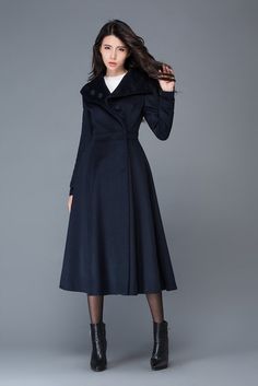 navy blue coat winter coat swing coat long coat warm by YL1dress Elegant Navy Long Peacoat, Elegant Long Sleeve Winter Peacoat, Elegant Long Navy Pea Coat, Elegant Navy Long Pea Coat, Elegant Navy Long Sleeve Pea Coat, Elegant Navy Wool Coat, Chic A-line Wool Coat For Fall, Elegant Fitted Peacoat For Fall, Elegant Fitted Fall Peacoat