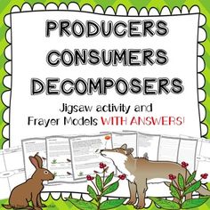 a poster with the words, products, consumers and decomposers on it