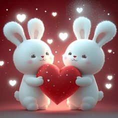 two white rabbits holding a red heart in front of some hearts on a red background