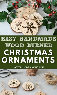 homemade wood burned christmas ornaments with text overlay