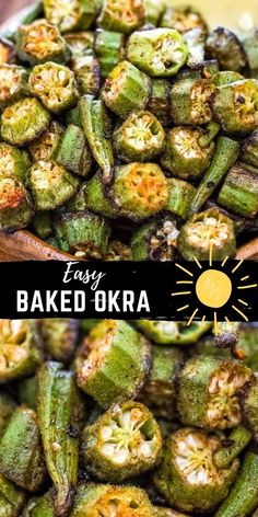 two pictures showing the process of making baked okra, and how to cook them