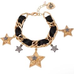 Description Betsey Johnson Bold Chain Link Bracelet With Woven Black Ribbon And Mixed Star Charms. Detailed With Crystal Star Charms Adorned With Gold-Tone Flecks, And Smaller Contrasting Hematite-Tone Pave Star Charms. This Striking Celestial Bracelet Is Set In Gold-Tone Metal And Has An Adjustable Lobster Clasp Closure. Metal Star Charm Jewelry For Party, Party Bracelets With Star Charm, Party Bracelets With Star Charm In Metal, Party Metal Bracelets With Star Charm, Star-shaped Chain Jewelry For Party, Star Shaped Chain Jewelry For Party, Celestial Bracelet, Betsey Johnson Bracelet, Star Crystal