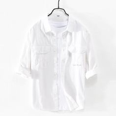 White Shirt With Pockets And Casual Collar, Casual White Shirt With Pockets, White Casual Collar Cotton Shirt, White Cotton Shirt With Casual Collar, White Shirt With Pockets For Spring, White Casual Shirt With Casual Collar, Solid Shirts Men, Casual Embroidery, Embroidery Shirt