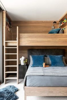 a bedroom with bunk beds and blue pillows