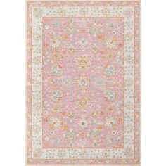 a pink and yellow rug with an ornate design on the center, in front of a white background