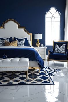 a bedroom with blue walls and white furniture