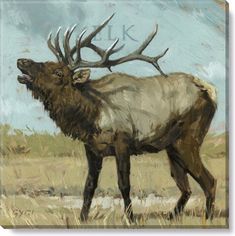 a painting of an elk with antlers on it's back standing in the grass