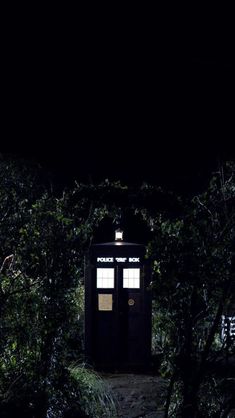 a black phone booth in the woods at night