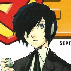 an anime character with headphones on holding a cell phone in his hand and looking at the camera