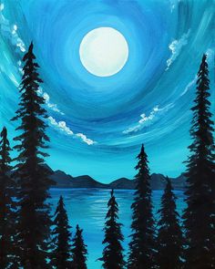 an acrylic painting of pine trees and the moon over a body of water