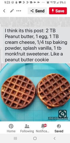 two waffles on a blue plate with the words, think it's this post