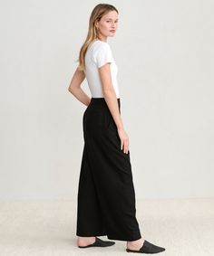 Relaxed Trouser Black Made from textural raw silk for an effortless look that's equally polished and comfortable. With tailored pleats that seamlessly transition into a wide-leg silhouette, the Relaxed Trouser is the definition of California cool. Pair it with a classic cami or tee or embrace an oversized aesthetic from head-to-toe with your favorite lightweight knit. 100% raw silk. Made in China. High-waisted, wide-leg pants with pleats. Elegant Viscose Pants For Daywear, Elegant Viscose Wide Leg Pants For Summer, Elegant Wide Leg Viscose Bottoms, Chic Evening Bottoms With Straight Hem, Elegant Wide Leg Relaxed Fit Culottes, Chic Full-length Wide Leg Viscose Pants, Chic Full Length Wide Leg Viscose Pants, Chic Viscose Bottoms For Daywear, Chic Full Length Viscose Wide Leg Pants