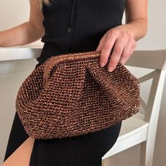 Elegant Brown Metallic Crochet Clutch, Perfect Women's Wedding Accessory, Knitted Evening Clutch Bag, Chic Gift for Her **Elevate Your Evening Elegance with the Brown Metallic Crochet Clutch** Indulge in the exquisite blend of sophistication and craft with our Elegant Brown Metallic Crochet Clutch, a treasure designed to perfect your wedding ensemble or add a touch of glamour to any evening affair. Meticulously handcrafted with luxurious metallic raffia yarn, this chic clutch exudes a subtle shi Elegant Handwoven Brown Crochet Bag, Elegant Handwoven Crochet Party Bag, Elegant Brown Handwoven Clutch, Metallic Crochet, Crochet Clutch, Wedding Accessory, Chic Gifts, Modern Wardrobe, Evening Clutch Bag