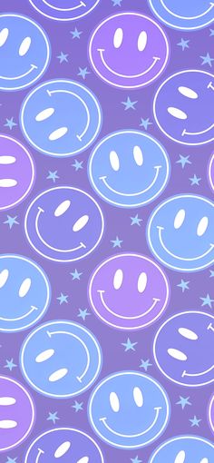 a purple and blue background with stars and smiley faces in the middle, all on one side