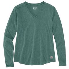 Keep it simple and stylish with the Carhartt Women's Relaxed Fit Midweight V-Neck Long-Sleeve T-Shirt. This long-sleeve shirt is made of soft jersey knit with just the right amount of stretch for comfort. The durable construction of this V-neck shirt ensures lasting use and tear-resistance. A rounded hem adds extra coverage to this sturdy women's shirt. Ships 1 Carhartt women's shirt Comfortable, relaxed fit Stylish V-neck collar Rounded hemline Tagless neck label for a smooth feel Imported prod Carhartt Women's Outfit, Slate Green, Carhartt Long Sleeve, Carhartt T Shirt, Pocket Tee Shirts, Carhartt Shirts, Carhartt Womens, Carhartt Workwear, Carhartt Women