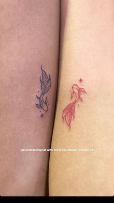 two tattoos on the legs of people with red and black ink, one has a goldfish