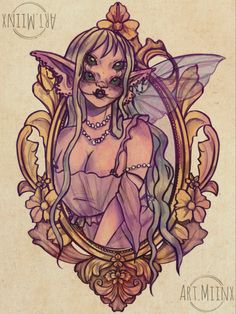 a drawing of a fairy with green eyes and purple hair sitting in front of a mirror