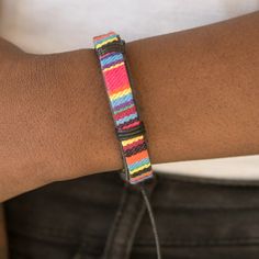 5/$25 Multicolored Thread Is Stitched Into A Colorful Textile Pattern. Shiny Black Cording Knots Around The Tribal Pattern, Securing The Colorful Ribbon In Place Along A Black Leather Band For An Urban Look. Features An Adjustable Sliding Knot Closure. Casual Friendship Bracelets For Festival, Multicolor Friendship Bracelets For Spring Vacation, Spring Vacation Friendship Bracelets, Multicolor Friendship Bracelets For Spring, Trendy Friendship Bracelets For Spring Vacation, Casual Black Bracelets For Festival, Casual Spring Vacation Friendship Bracelets, Black Bracelets For Summer Vacation, Adjustable Casual Friendship Bracelets For Spring