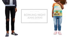 two children standing next to each other with the words bowling night jeans extra on them