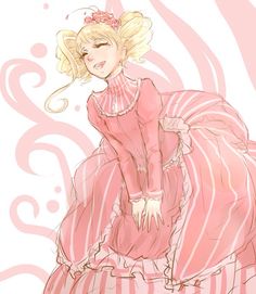 a drawing of a blonde haired woman in a pink dress with swirls on the background