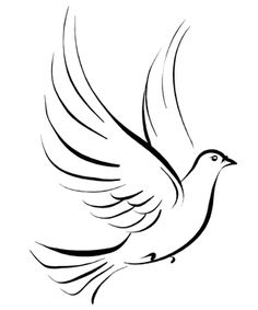 a white dove flying with its wings spread in the air, black and white drawing