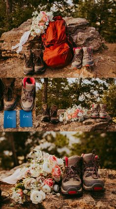 there are many different pictures of shoes and flowers on the ground, including one with a backpack