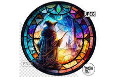 a stained glass window with an image of a wizard