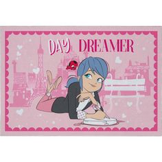 a cartoon character sitting at a table writing on a piece of paper with the words day dreaming