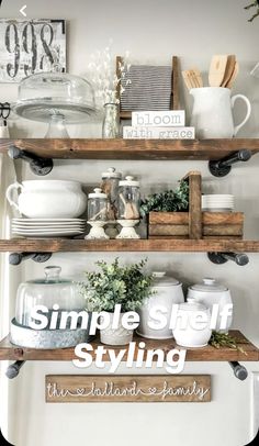 the shelves in this kitchen are filled with dishes and utensils, such as plates