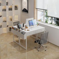 a white desk with a computer on it in front of a window and bookshelves