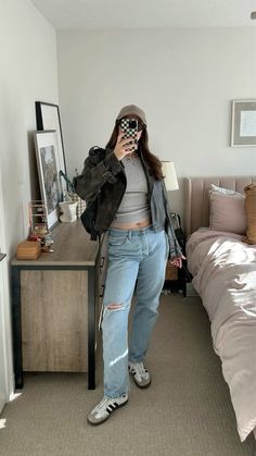 fall outfits, fall outfit ideas, casual fall outfit, brown leather jacket, adidas sambas dupes, mom style, capsule wardrobe styling, simple outfit, fall jeans  Follow my shop @rachellrsullivan on the @shop.LTK app to shop this post and get my exclusive app-only content!  #liketkit #LTKautumn #LTKcanada #LTKstyletip @shop.ltk https://liketk.it/4PR9F Fall Outfits With Sambas, Adidas Samba Outfit, Samba Outfit, Fall Jeans, Early Fall Outfit, Brown Leather Jacket, Adidas Samba, Casual Fall Outfits, Casual Fall