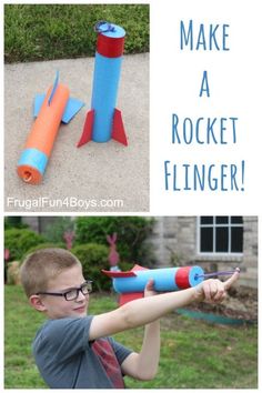 a boy is playing with an airplane made out of toilet paper and the words make a rocket flinger