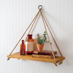 a shelf with books, bottles and plants on it hanging from the wall next to a potted plant