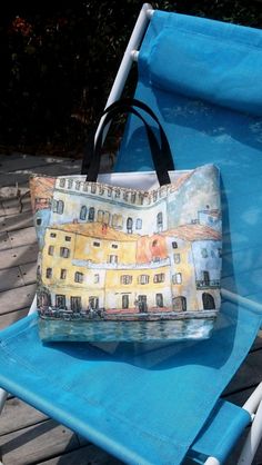 Canvas tote bags. The same printed thick canvas is on each side  with different pictures. These are  copy of the famous painting "Malcesine on lake Garda" made in 1913 by Gustav Klimt. Yellow ochre houses face water is on one side, roofs and landscape on the other.  It is a medium tote bag, its size: 14 x 19-13 x 5 inch about. It is roomy. To be convenient, you find inside two pockets, one closes with a zip. 2 ties help closing the bag or attaching littles things (like keys). This truly solid ba Happy Holiday Gifts, Red Pendants, Canvas Bags, Bleu Turquoise, Ladies Handbags, Medium Tote, Bag Handmade, Gustav Klimt, Summer Trends