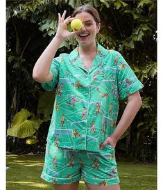 Printfresh Courtside Cats Short Sleeve Notch Collar Woven Shorty Pajama Set | Dillard's Green Sleepwear With Pockets For Pajama Party, Green Sleep Sets For Summer, Green Summer Lounging Set, Green Sleepwear Sets For Summer, Summer Pajama Party Sleepwear With Pockets, Green Summer Sleepwear With Pockets, Green V-neck Loungewear Set, Summer Pajama Shorts With Pockets For Pajama Party, Camp Collar Sleepwear For Pajama Party In Spring