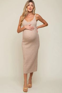 Taupe Ribbed Sleeveless Maternity Midi Dress– PinkBlush Modern Maternity, Maternity Clothes Summer, Summer Maternity, Maternity Midi Dress, Summer Pregnancy, Maternity Poses, Ribbed Dress, Pregnancy Outfits, Dress Bodycon