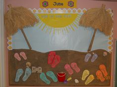 a bulletin board with flip flops and sandals on it