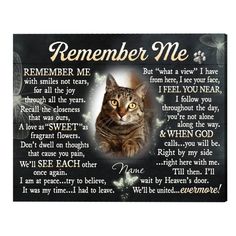 a cat that is sitting in front of a plaque with the words, remember me