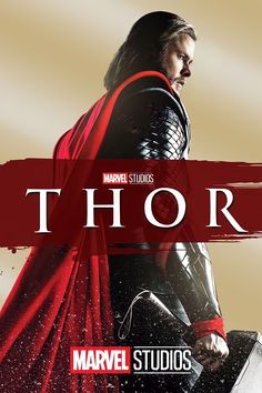 the poster for thor is shown in red and black