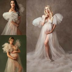 the pregnant woman is posing for pictures in her white gown and feathered shawl