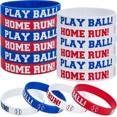 three different colored wristbands with the words play ball and home run on them