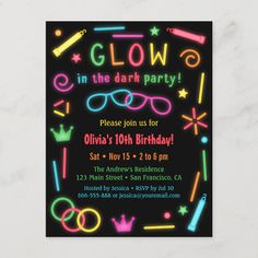 glow in the dark birthday party with neon lights and confetti on black paper