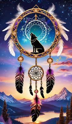 a wolf is sitting in front of a dream catcher