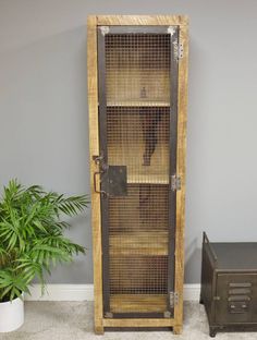 a tall wooden cabinet with metal doors in the corner next to a potted plant