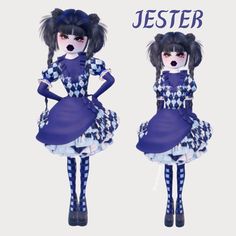 the doll is dressed in blue and white checkerboard dress with black tights