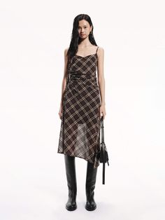 MO&Co. Women's Plaid Pattern Cami Dress Slit Detailed in Brown with Gathered Waist Details Plaid Pattern Design, Slip Dress Outfit, Western Dresses, Plaid Dress, Cami Dress, Womens Plaid, Asymmetric Hem, Vivienne Westwood, Plaid Pattern