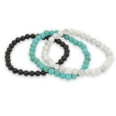 These bracelets are an important necessity for your fashion jewelry and clothing collections! This jewelry set displays three attractive bracelets. They feature a collection of genuine ball beads which include an array of gemstone colors. It includes an onyx, a howalite and a howalite chrysocolla bracelet which are constructed of a durable stretch cord for an easy slip on fit. You may wear a different bracelet every day or you can stack all the bracelets all at once. These bracelets will give yo Cheap Blue Stretch Bracelet, Cheap Hypoallergenic Black Stretch Bracelet, Adjustable Black Stackable Stretch Bracelet, Black Nickel-free Bracelets With Round Beads, Cheap Nickel-free Blue Stretch Bracelet, Stretchy Bracelets, Fantastic Gifts, Gemstone Colors, Womens Bracelets