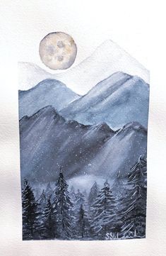 a watercolor painting of mountains and trees under a full moon