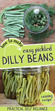 pickled dill beans in jars with text overlay how to make easy pickled dill beans