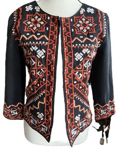 Fitted Multicolor Embroidered Outerwear For Festivals, Bohemian Outerwear With Intricate Multicolor Embroidery, Fall Multicolor Beaded Outerwear, Fitted Bohemian Embroidered Cardigan, Bohemian Multicolor Embroidered Cardigan, Multicolor Embroidered Bohemian Outerwear, Fitted Folk Outerwear With Multicolor Embroidery, Traditional Multicolor Floral Print Outerwear, Multicolor Folk Outerwear With Geometric Embroidery